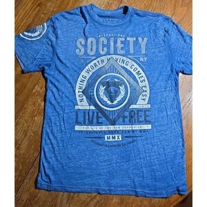 Y2K Society Shirt Mens Large Blue Sheer Graphic Tee Affliction Style Burnout